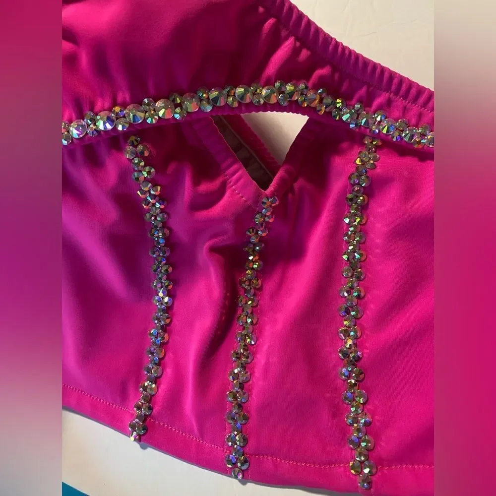 Custom made solo dance costume hot pink neon rhinestone 2 piece illusion 10